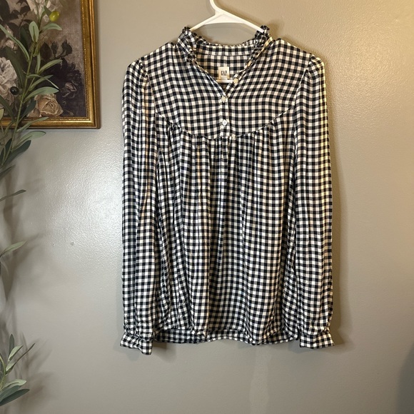 GAP Black & White Gingham Ruffle Neck Peasant Blouse XS Cottagecore - Picture 3 of 8
